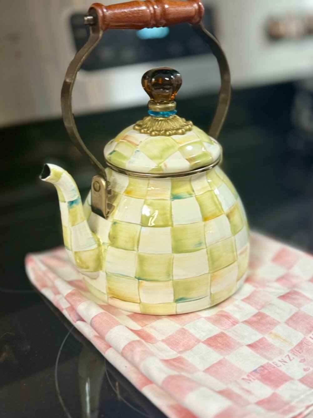 Authentic MacKenzie-Childs Parchment Check 2QT Tea Kettle - Rare / Retired